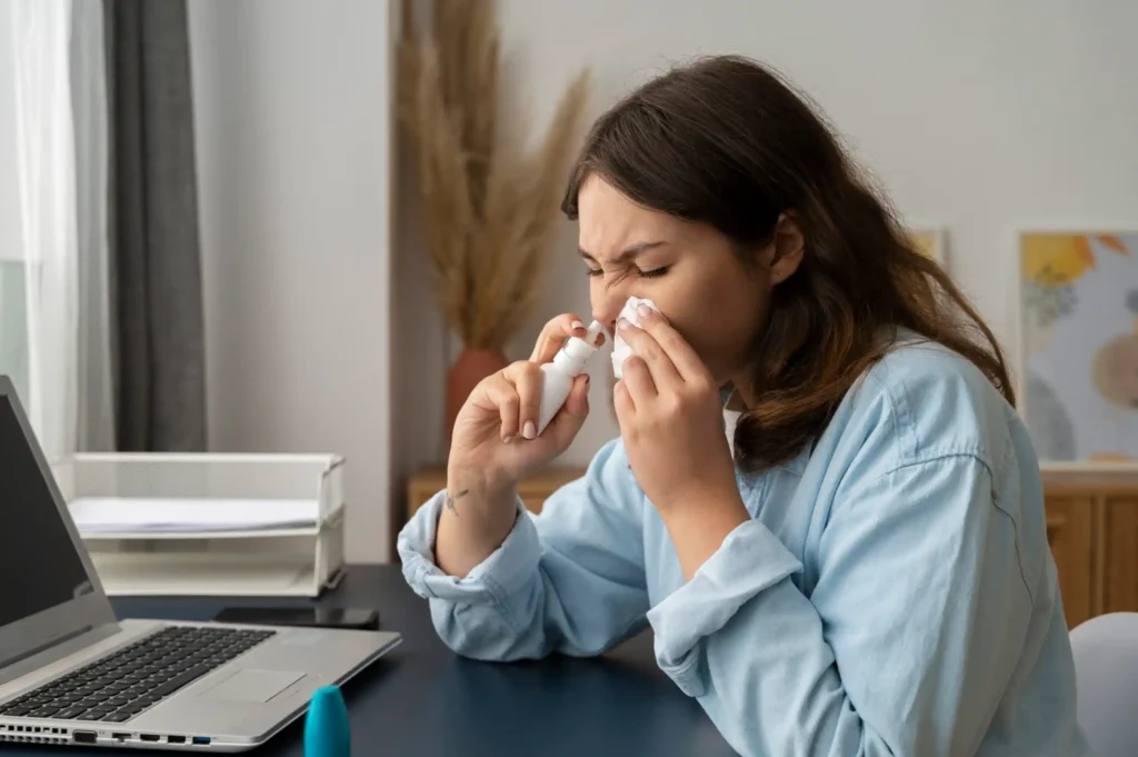 Patient receiving sinus infection treatment at urgent care clinic